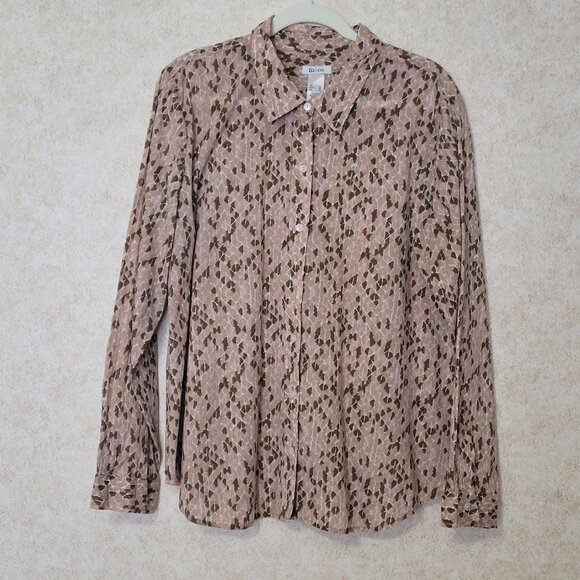 Liz & Co. Pink Tan Brown Womens Long Sleeve Button Blouse XL - Picture 2 of 15